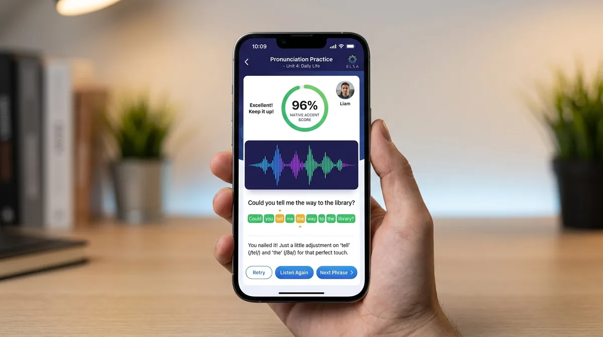 Giao diện luyện phát âm tiếng Anh chuẩn AI trên ứng dụng ELSA Pro 1 Năm