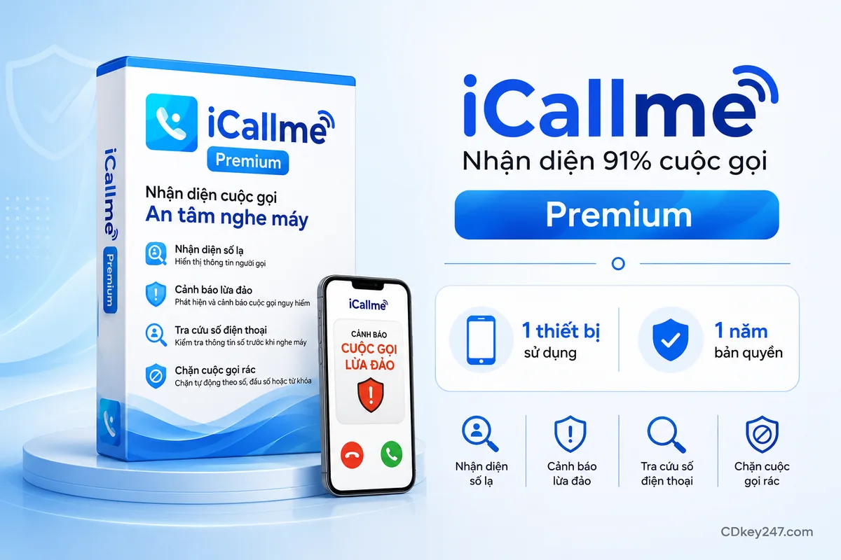 Giao diện nhận diện người gọi và cảnh báo lừa đảo trên iCallme Premium 1 năm 1 thiết bị