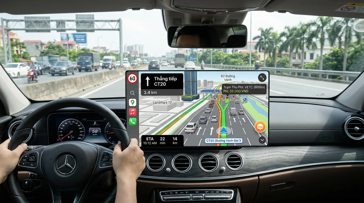 Giao diện hiển thị giá vé trạm thu phí và mô phỏng 3D trên Vietmap Live Plus 2 Năm